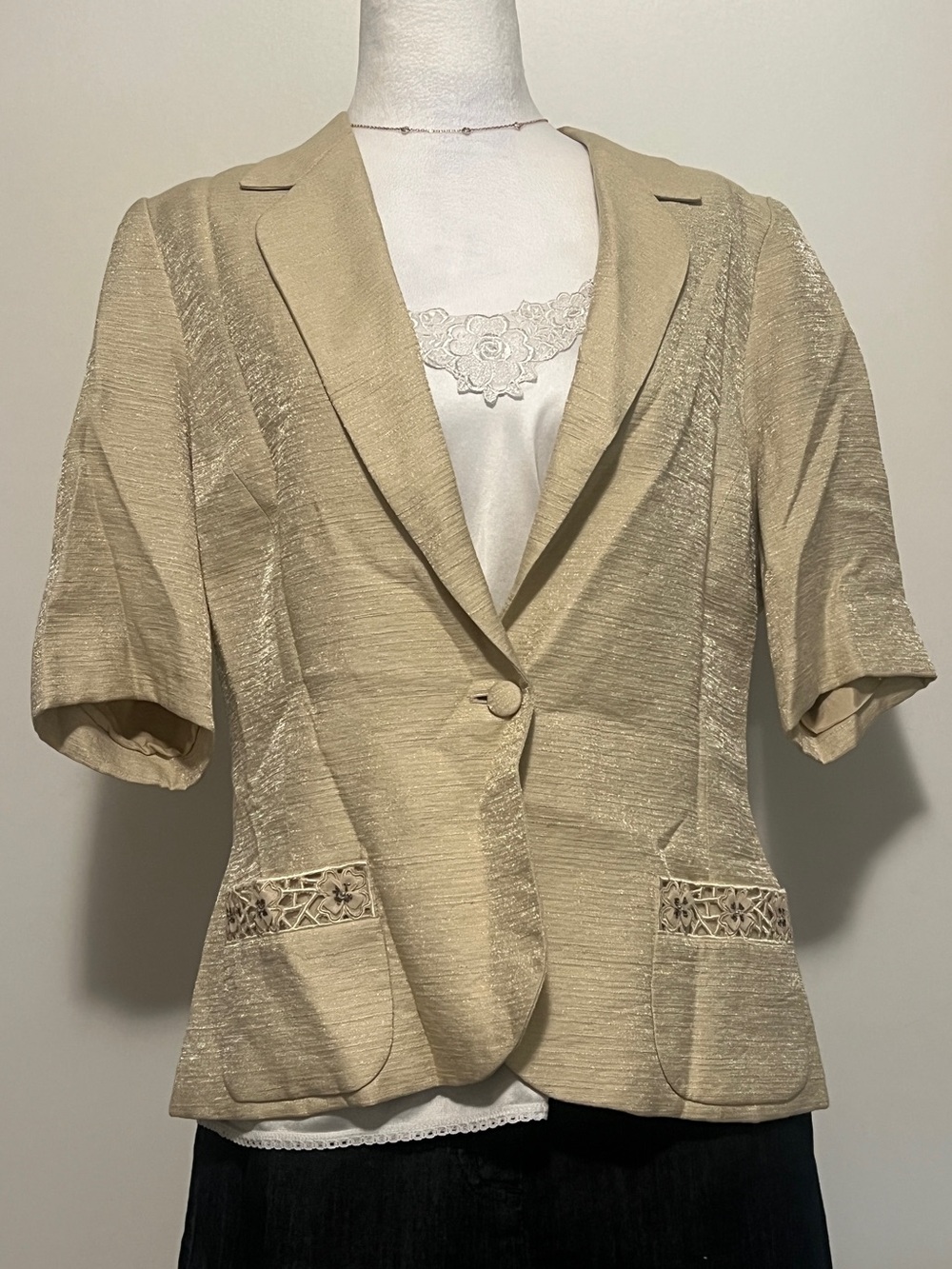 Vintage Albert Nipon Shimmery Gold Short Sleeve Blazer Jacket Lace Pocket Sz 16